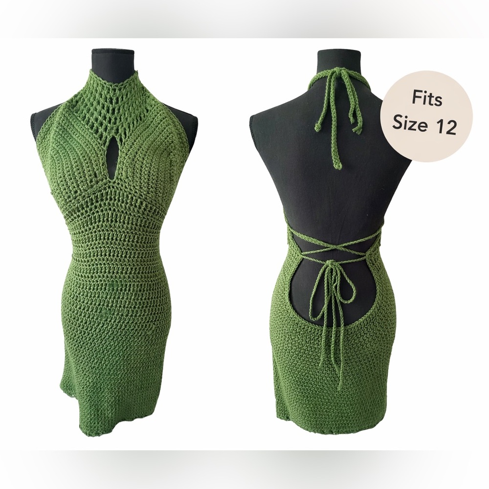 Handmade Olive Green Crochet Halter Dress – Open Back – Fits Size 12